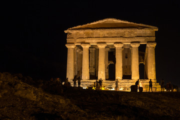 Temple of Concord at night. Front view. New led lighting system. Valley of Temples, Agrigento.