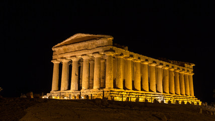 Temple of Concord at night. New led lighting system. Valley of Temples, Agrigento.