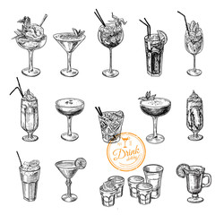 Hand drawn sketch set of alcoholic cocktails. 