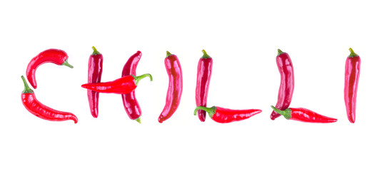 The word written in red chilli peppers. Letters of red chili pep