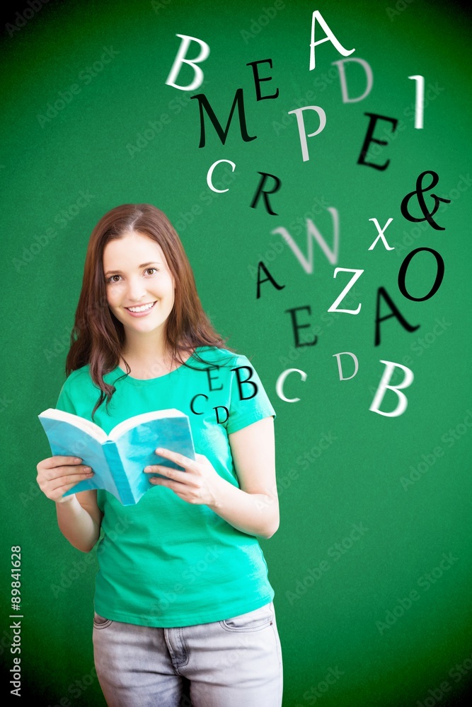 Poster composite image of student picking a book from shelf in library
