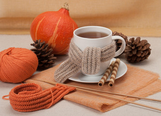 Autumn Concept. Cup Of Hot Tea With Sweets. Yarn Knitting. Pumpk
