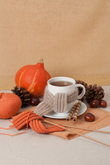 Autumn Concept. Cup Of Hot Tea With Sweets. Yarn Knitting. Pumpk