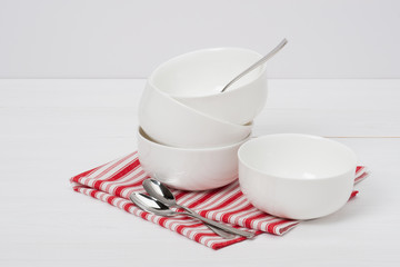 White Bowls. Red White Napkin