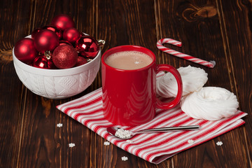 Hot Chocolate Drink. Christmas Sweets And Decorations. Wooden Ba