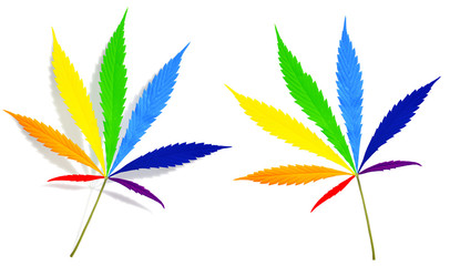 Cannabis leaves painted in the colors of the rainbow