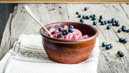 banana ice cream with blueberries, healthy dessert, vegan