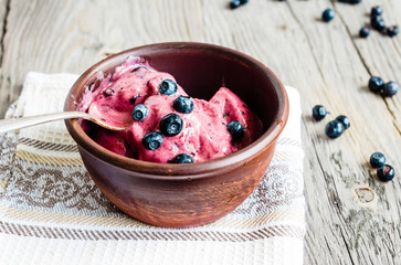 banana ice cream with blueberries, healthy dessert, vegan