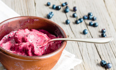banana ice cream with blueberries, healthy dessert, vegan