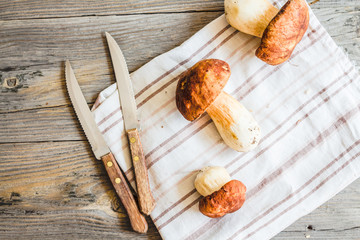 boletus mushrooms on a gray board, rustic background, knives
