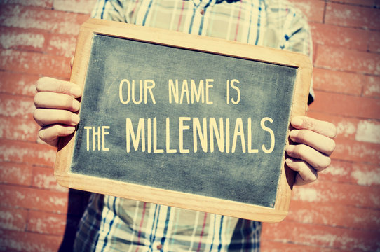 text our name is the millennials in a chalkboard, vignetted