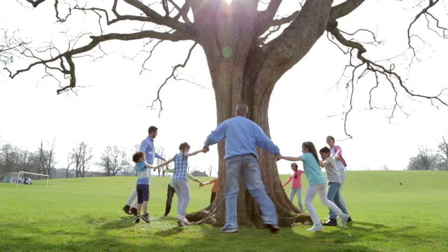 A group of Students and Teachers playing Ring-A-Rosie around a tree outdoors.