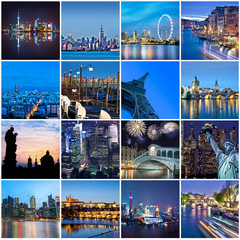 Image of Cities of the word at night, square collage with Shanghai, New York, Venice, Paris, Prague, Singapore, Budapest, travel concept printed on Printed Glass Splashbacks
