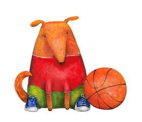 Dog in sneakers with basketball ball. Illustration - 89849254