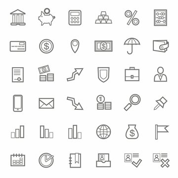 Icons, Bank, Finance, contour, line, monochrome, white background. 