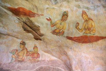 Exterior of the 5th century fresco wall paintings of Sigiriya rock fortress in Sigiriya, Sri Lanka. Sigiriya is a UNESCO World Heritage Site.