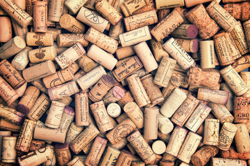 Collection of many French wine corks background