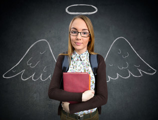 schoolgirl with funny angel wings