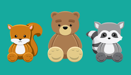 Chipmunk Bear Raccoon Doll Set Cartoon Vector Illustration