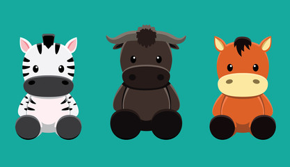 Buffalo Zebra Horse Doll Set Cartoon Vector Illustration