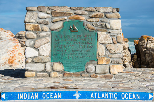 A sign showing information about Cape Algulhas, South Africa