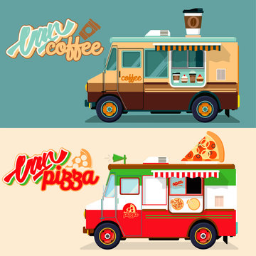 Street food van. Fast food delivery. Coffee van Flat design vector illustration
