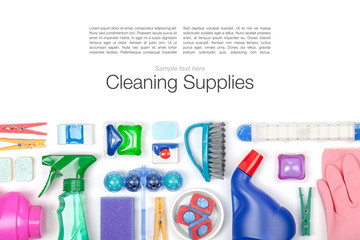 cleaning supplies on white background