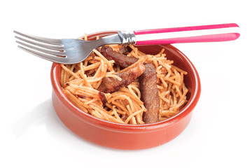 single serving of homemade stew noodles with lean pork pie clay