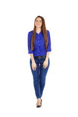 Portrait of a beautiful woman in blue jeans and blue shirt