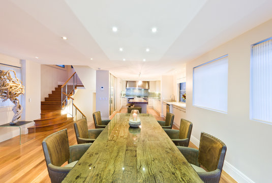 Stylish Dining Room With Green Table