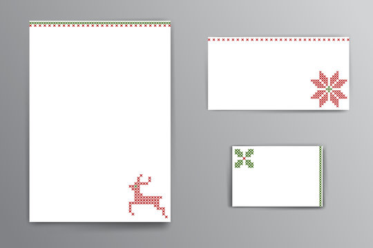 Christmas vector banners mock ups, blank white paper templates with embroidery 