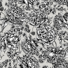Floral Seamless Pattern with Peonies in Vintage Style
