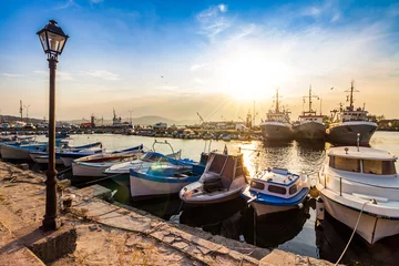 Garden poster Port fishing boats in port of Sozopol at sunset