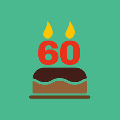 The birthday cake with candles in the form of number 60 icon. Birthday symbol. Flat