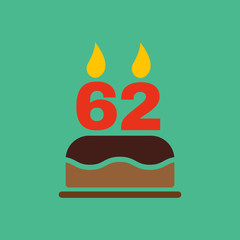 The birthday cake with candles in the form of number 62 icon. Birthday symbol. Flat
