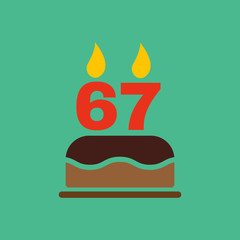 The birthday cake with candles in the form of number 67 icon. Birthday symbol. Flat