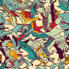 Fototapeta premium Wild nature birds color seamless pattern