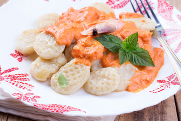 gnocchi with tomato sauce and basil on a tablecloth 