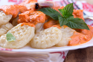 gnocchi with tomato sauce and basil on a tablecloth 