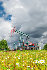 Oil pump jack and wild chamomile flowers under cloudy skies