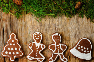 Christmas tree background with Christmas tree and gingerbread sh