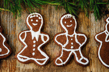Christmas tree background with Christmas tree and gingerbread sh