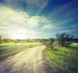 Winding sandy road in field