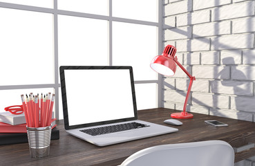 3D illustration laptopand work stuff on table near brick wall