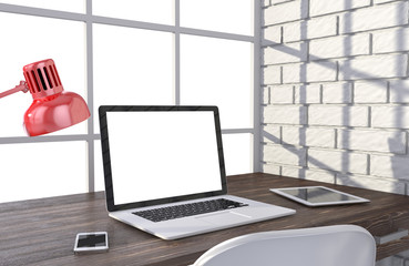 3D illustration laptopand work stuff on table near brick wall