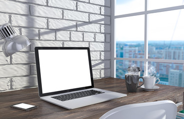 3D illustration laptopand work stuff on table near brick wall