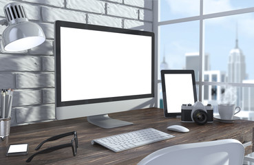Fototapeta premium 3D illustration PC screen on table in office, Workspace