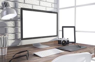 Fototapeta premium 3D illustration PC screen on table in office, Workspace