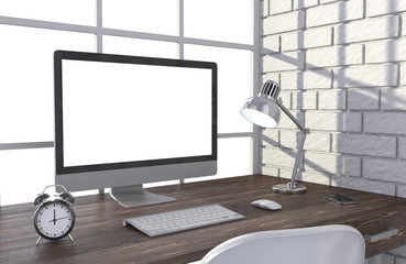 Fototapeta premium 3D illustration PC screen on table in office, Workspace