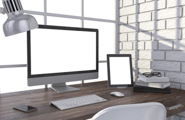 Fototapeta premium 3D illustration PC screen on table in office, Workspace
